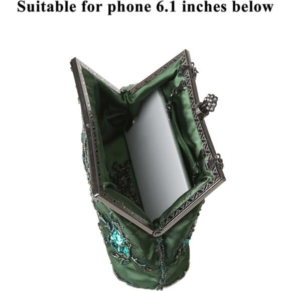 Womens Floral Beaded Rhinestone Embroidery Clutch Green - Picture 6 of 7